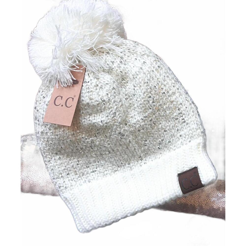 NEW CC BEANIES women's fleece lined sequin beanies in ivory